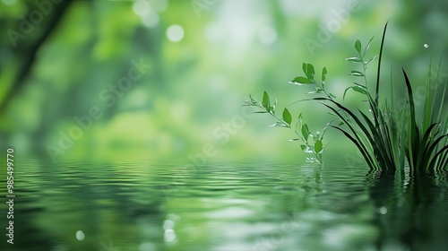 Plants and water in a blurry natural background, depicting tranquility and serenity in nature.