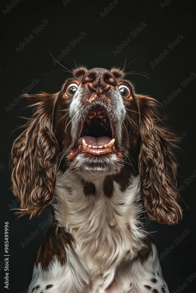 Obraz premium Surprised French Spaniel Dog Close-Up with Wide Eyes and Open Mouth in Studio Photography