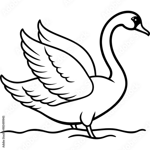 Swan Stretching Wings Above Water Detailed Line Art Vector