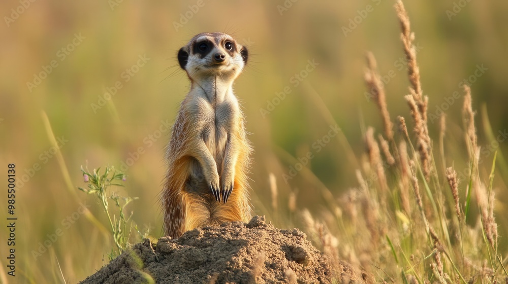 A curious meerkat standing upright on a termite mound, surrounded by tall grasses, with its alert expression and detailed fur texture in focus A curious meerkat standing upright on a termite mound, surrounded by tall grasses, with its alert expression and detailed fur texture in focus