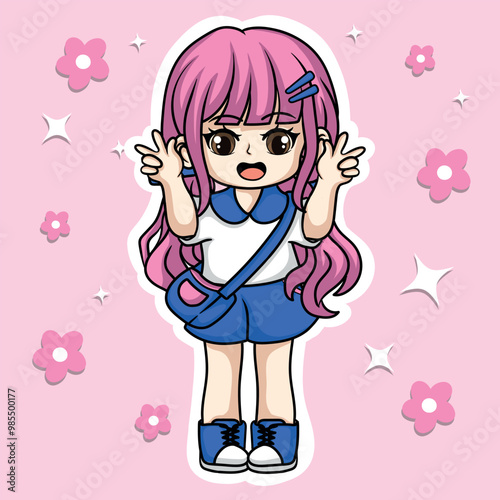 Cute cartoon girl with blue dress and pink hair Vector illustration