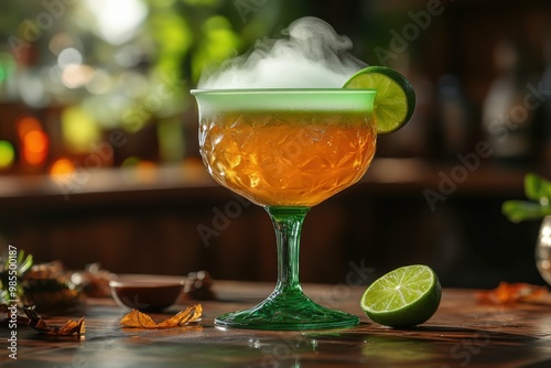 Cocktail Fog Horn pale green colored placed on the right side of the table with a lime wedge on the table. Blurred bar with sunlight in the background. photo