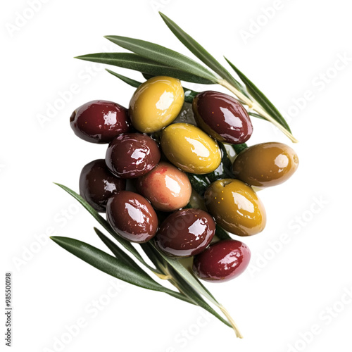 An Olive Branch With Green Olives And Leaves on white and transparent background. PNG cutout.