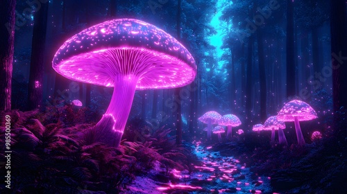 a mushroom lit by neon colors