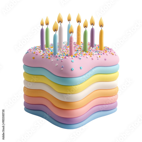 Colorful Rainbow Layer Cake with Lit Candles and Sprinkles photo