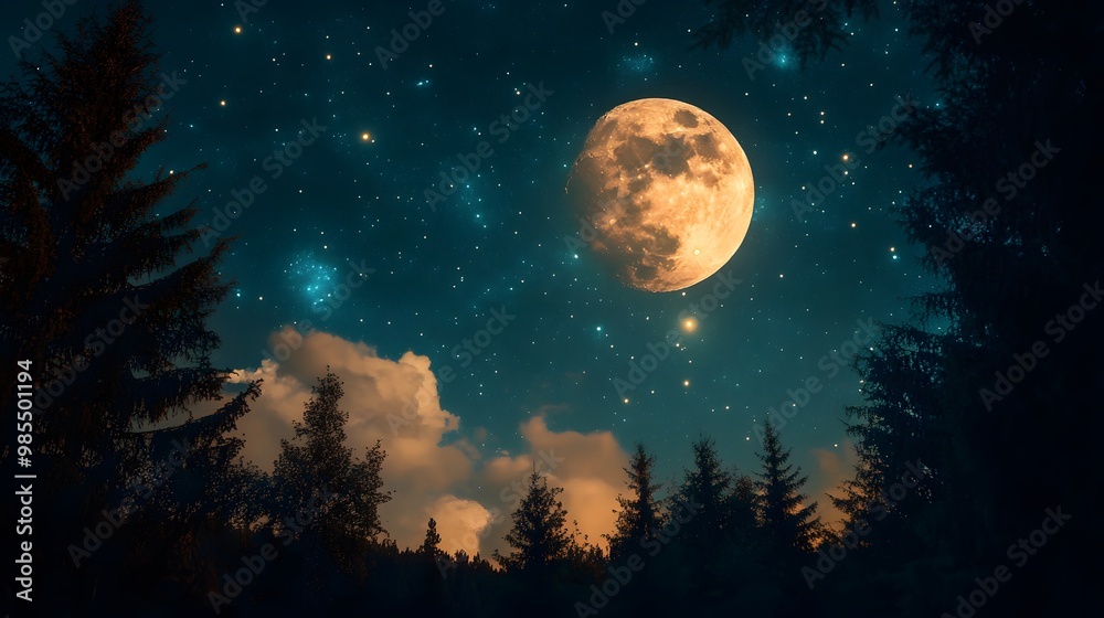 Naklejka premium the moon and stars in the sky, aurora borealis