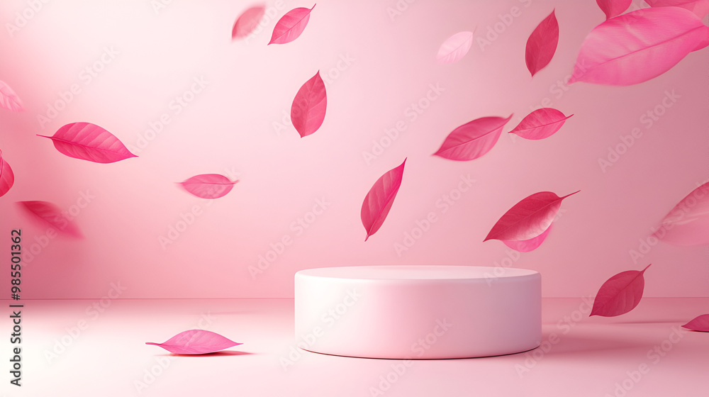 Pink product podium placement on solid background with rose petals falling, Luxury premium beauty, fashion, cosmetic and spa gift stand presentation Pink product podium placement on solid background with rose petals falling, Luxury premium beauty, fashion, cosmetic and spa gift stand presentation