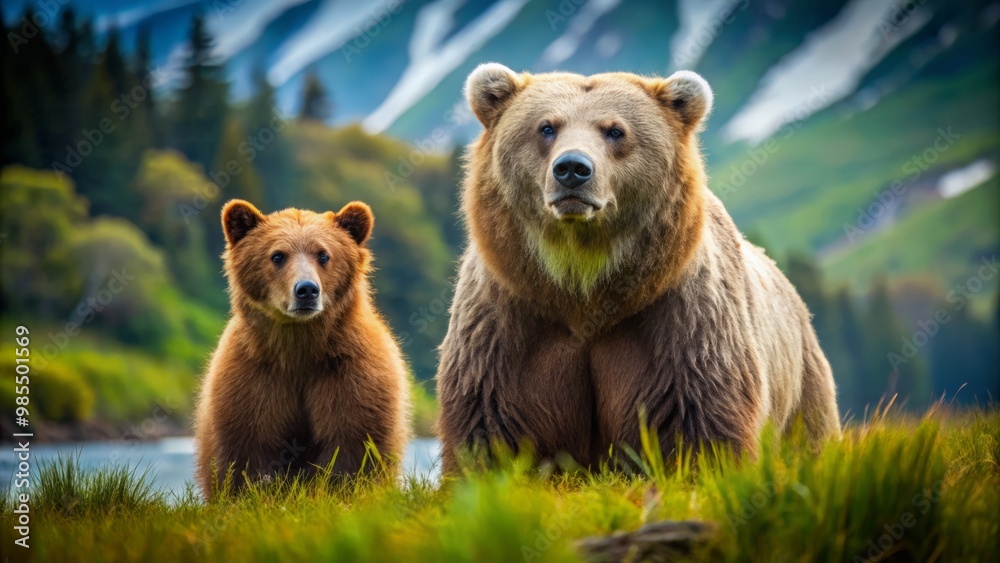 Fototapeta premium A majestic Kodiak bear and a powerful grizzly bear coexist peacefully in their breathtaking natural habitat, surrounded