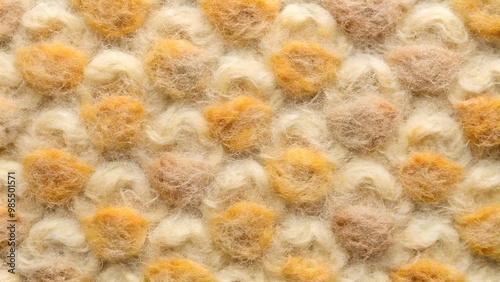 Textured knitted wool fabric, colorful bobble design, soft surface, warm neutral tones, copy space photo