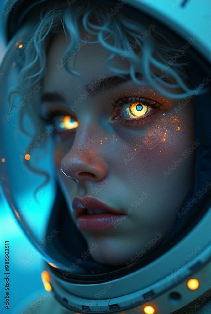 Woman astronaut in space with glowing eyes Woman astronaut in space with glowing eyes