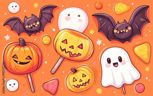 Kawaii candies and lollipops for Halloween, featuring bats, pumpkins, and ghosts, in a cute and colorful style photo