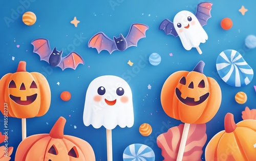 Kawaii candies and lollipops for Halloween, featuring bats, pumpkins, and ghosts, in a cute and colorful style
