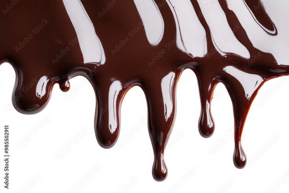 A glossy, flowing chocolate sauce on a white background, ideal for desserts and culinary use. A glossy, flowing chocolate sauce on a white background, ideal for desserts and culinary use.