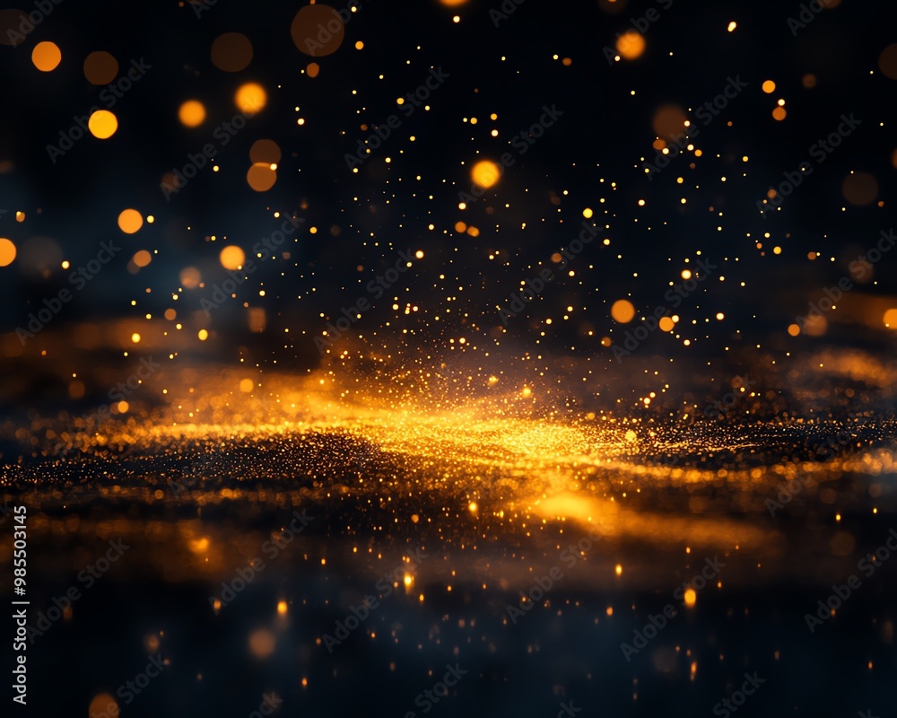 Obraz premium Luxurious composition featuring a reflective surface with scattered gold dust and glowing particles falling in the center