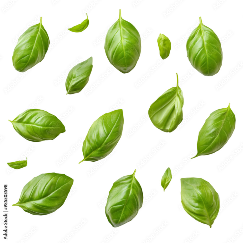 basil leaves on white and transparent background. PNG cutout. basil leaves on white and transparent background. PNG cutout.