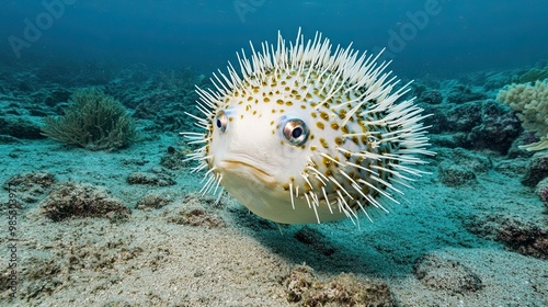 Pufferfish inflated into a spiky ball, displaying its poisonous spines as a defensive mechanism in the ocean. photo