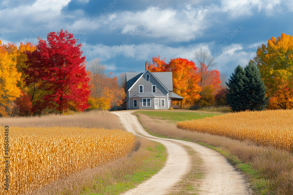 Serene country house surrounded by vibrant autumn trees and a golden cornfield along a winding dirt road Serene country house surrounded by vibrant autumn trees and a golden cornfield along a winding dirt road