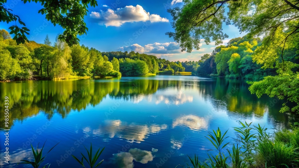 Fototapeta premium A serene lake is enveloped by vibrant green trees, reflecting the clear blue sky, creating a perfect picture