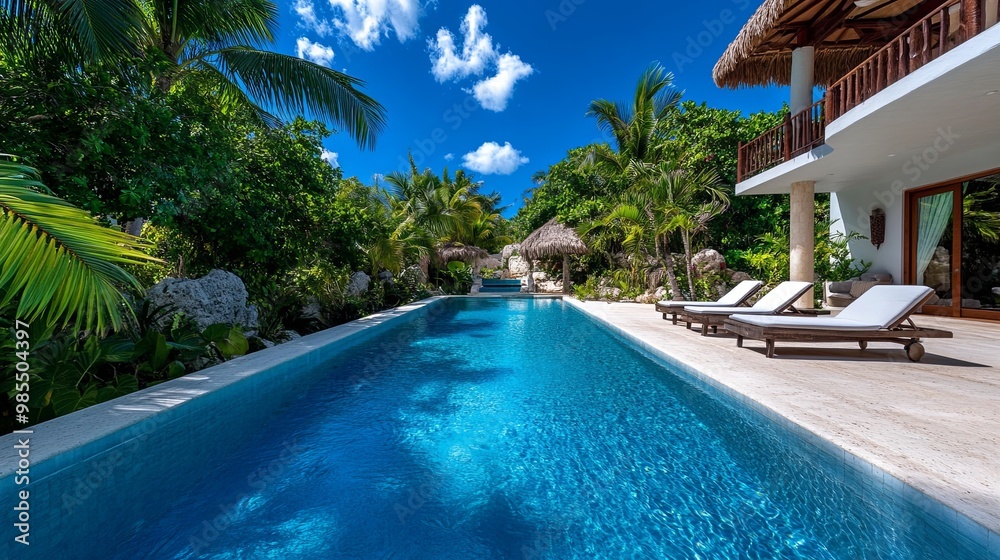 Obraz premium Tropical Paradise with Pool and Lush Greenery