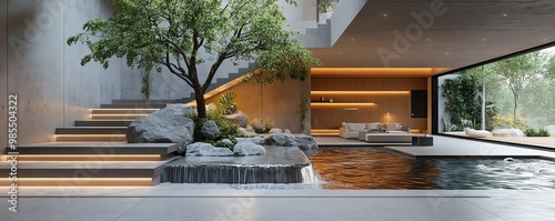 Interior design photo of a threestory modern home with a large indoor tree and a flowing river, stylish and luxurious, highresolution image photo