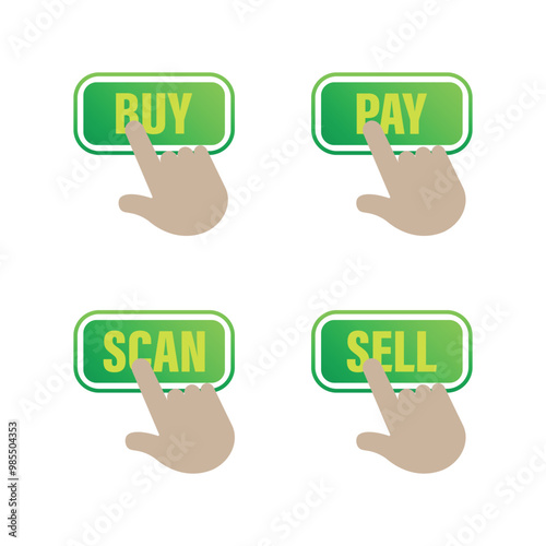 buy, scan, sell, pay with hand touch button vector design template