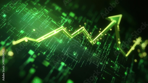 business finance chart . green arrow pointing up on digital green background, financial growth and success for business