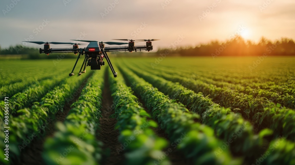 A drone flying over green fields at sunset, showcasing modern agricultural technology and innovation in farming. A drone flying over green fields at sunset, showcasing modern agricultural technology and innovation in farming.
