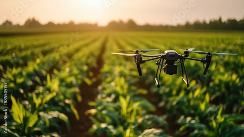 A drone flying over a lush green field during sunset, showcasing modern agriculture technology in action.