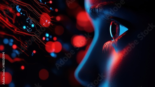 A futuristic close-up of a human eye reflecting digital patterns, symbolizing the fusion of technology and humanity.