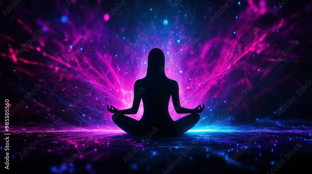 A serene silhouette meditates in a cosmic space, surrounded by vibrant colors and energy, representing peace and mindfulness. A serene silhouette meditates in a cosmic space, surrounded by vibrant colors and energy, representing peace and mindfulness.
