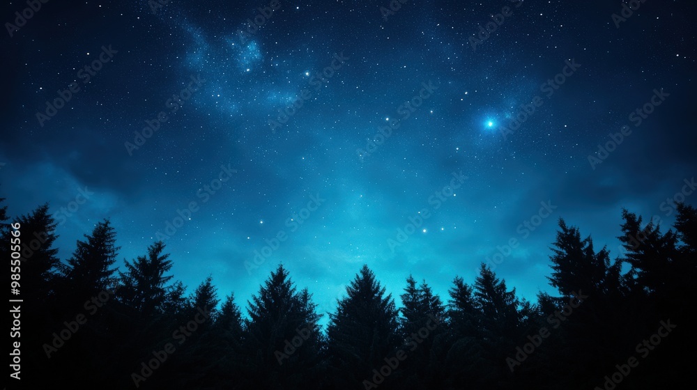 A serene night sky filled with stars, illuminated by a gentle blue glow, framed by dark silhouettes of tall pine trees. A serene night sky filled with stars, illuminated by a gentle blue glow, framed by dark silhouettes of tall pine trees.