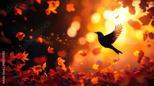 A silhouette of a bird soaring among vibrant autumn leaves with a golden sunset in the background, capturing nature's beauty. photo