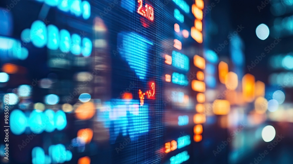 Rapidly changing stock market scoreboard with fluctuating numbers, reflecting financial volatility and market trends. Rapidly changing stock market scoreboard with fluctuating numbers, reflecting financial volatility and market trends.