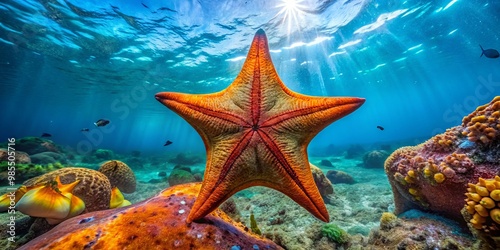 A stunning bat star glides beneath the waves, surrounded by a vibrant marine habitat that displays the breathtaking photo