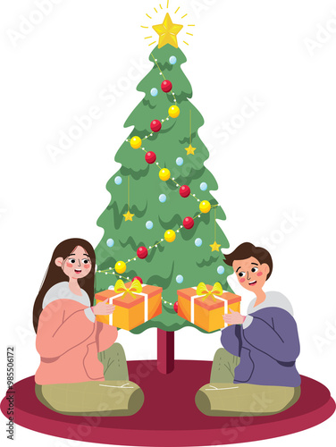 couple celebrating Christmas and New Year, Gift Exchanging