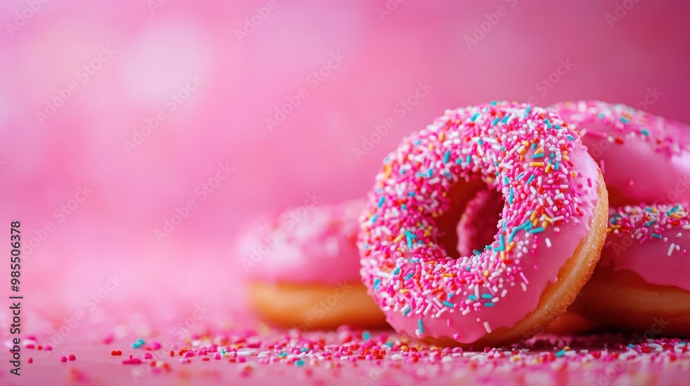 Delicious pink donuts sprinkled with colorful confetti, perfect for celebrations and sweet treats. Delicious pink donuts sprinkled with colorful confetti, perfect for celebrations and sweet treats.