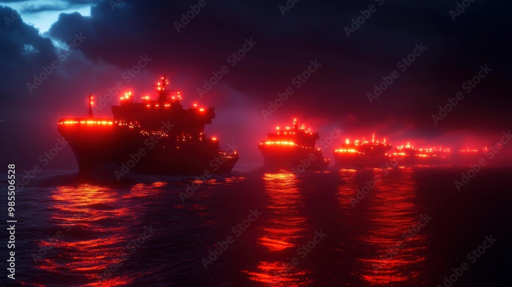 Mysterious scene of illuminated ships navigating dark waters under ominous clouds, creating an eerie and captivating atmosphere.