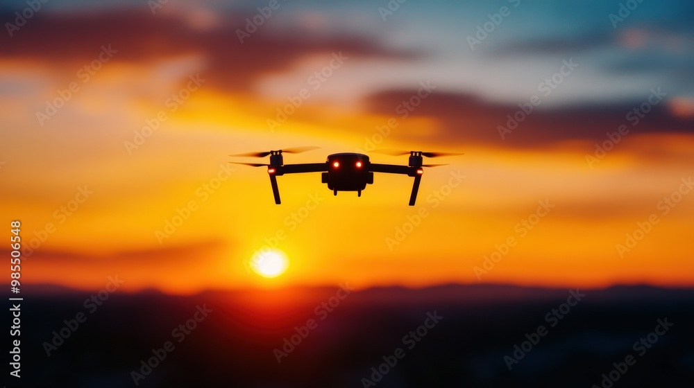 Silhouette of a drone flying against a vibrant sunset, capturing the beauty of the evening sky and technology in harmony. Silhouette of a drone flying against a vibrant sunset, capturing the beauty of the evening sky and technology in harmony.