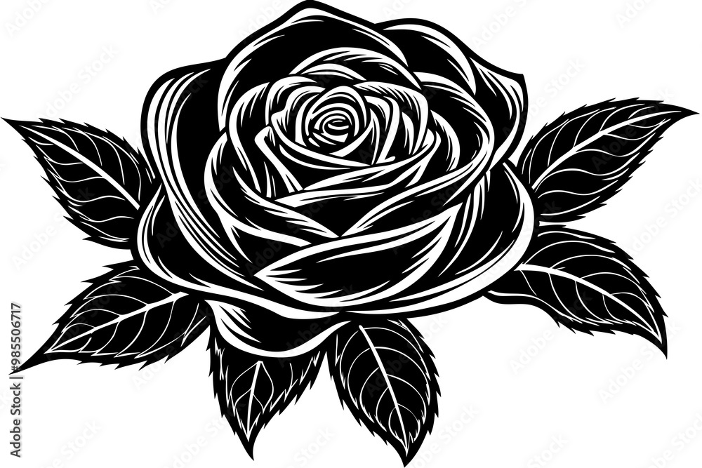 Fototapeta premium Cute rose bouquet with leaves silhouette black linocut vector art illustration
