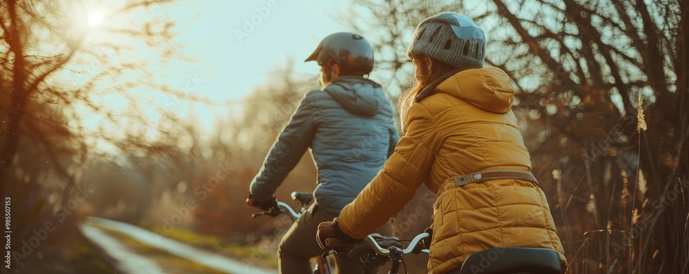 back view of a couple cycling through a sunlit forest, signifying togetherness and a healthy lifestyle. back view of a couple cycling through a sunlit forest, signifying togetherness and a healthy lifestyle.