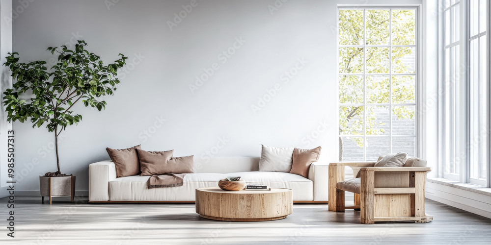 Obraz premium Modern living room interior featuring natural light, minimalist furniture, and indoor plants for a cozy atmosphere