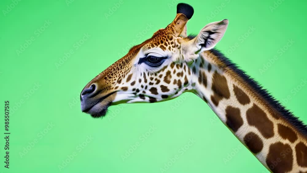 A giraffe with a bright green background, showcasing its long neck and unique spotted fur pattern. The vibrant backdrop adds a fun, colorful vibe, with potential copy space.