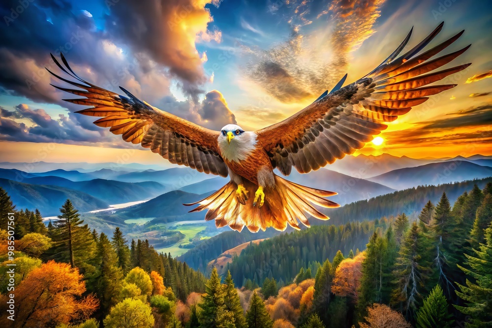 Obraz premium A magnificent bird gracefully glides through the skies, its expansive wingspan on full display amidst the beauty of