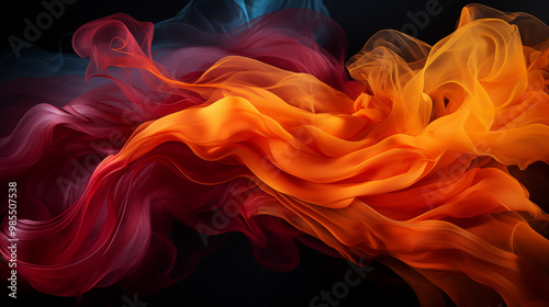 Fiery smoke in vivid red, orange, and yellow tones, swirling dynamically with intense energy, giving a sense of heat and movement, set against a deep black background