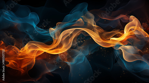 Deep blue and gold smoke wisps merging together, creating a striking contrast of cool and warm tones, with abstract forms and flowing lines, perfect for a dramatic and elegant background