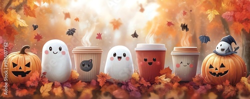 Cute kawaii fallthemed ghosts and pumpkins with coffee, highquality details, vibrant colors and charming design photo