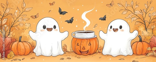 Cute kawaii fallthemed ghosts and pumpkins with coffee, highquality details, vibrant colors and charming design photo