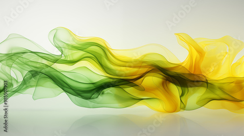 Bright green and yellow smoke tendrils intertwining and swirling, forming dynamic shapes and patterns, evoking a fresh and vibrant energy, set against a clean white background