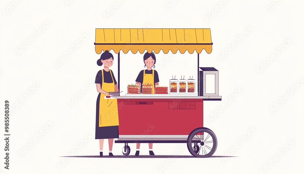 Flat illustration of a woman selling food with a vending cart, wearing an apron, on a white background, minimal and charming Flat illustration of a woman selling food with a vending cart, wearing an apron, on a white background, minimal and charming