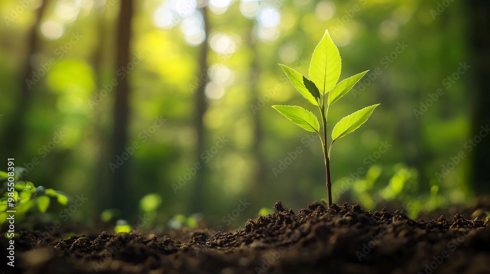A Single Sapling Emerging From the Ground in a Forest Setting A Single Sapling Emerging From the Ground in a Forest Setting